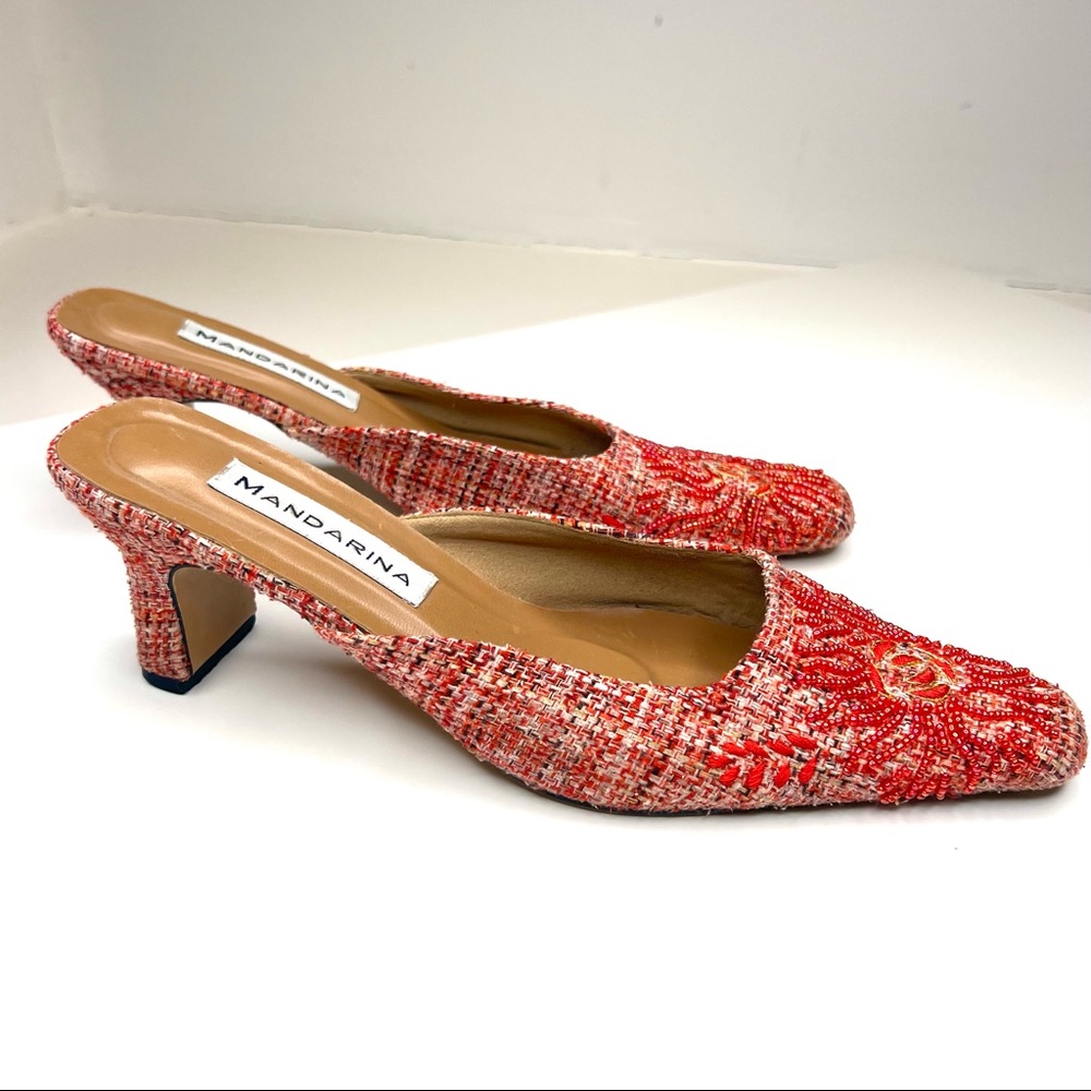 Mandarina Limited Edition Red Tweed Kitten Heel Mules –Beaded Embroidery, Size 8